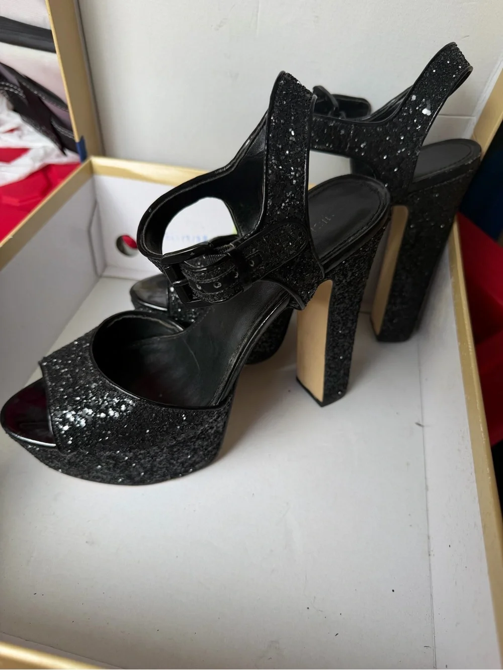 Michael Kors Black Glitter Open-Toe Slingback Heels